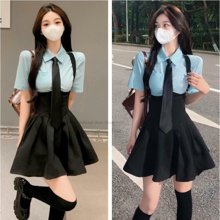 女の子の半袖シャツとスカートのセット,韓国スタイル,半袖,プリーツバック,2ピース,夏に最適