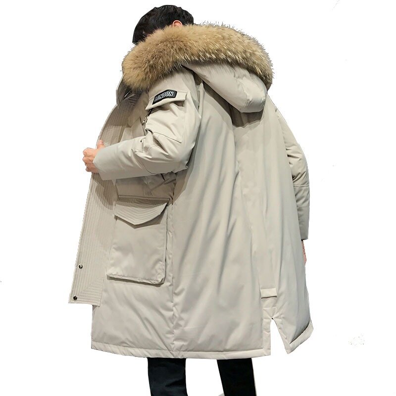 Casaco de pele com capuz destacável masculino, jaqueta de pato branco, casacos quentes grossos, alongar Parkas, inverno masculino