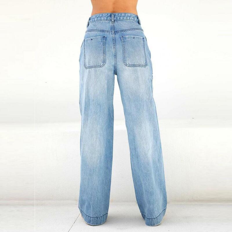 Jeans harian wanita, celana Denim Retro pinggang tinggi warna gradien dengan kantong kaki lebar untuk tampilan modis