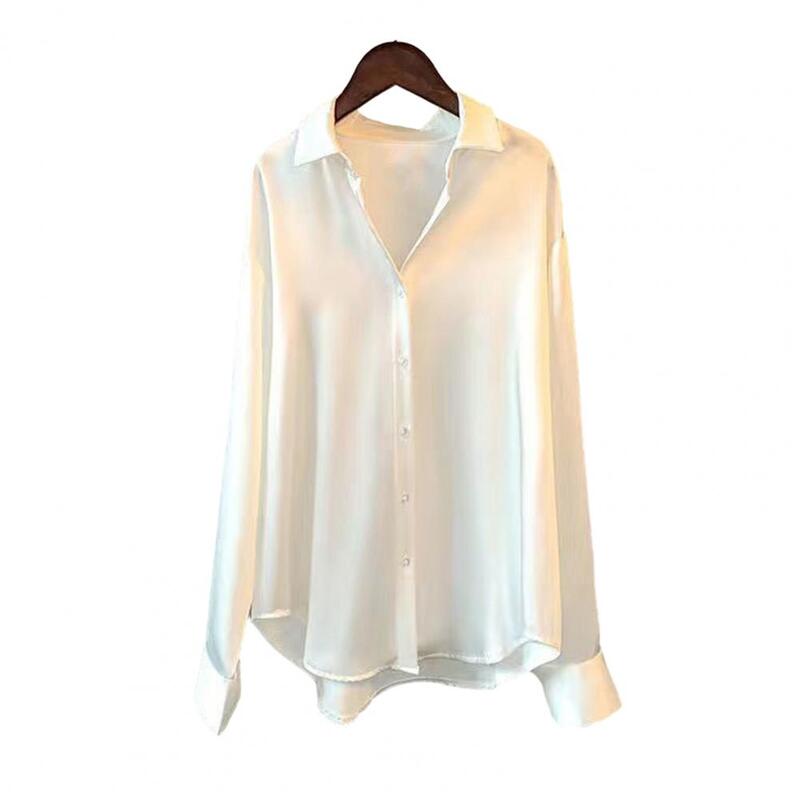 Damska satynowy Top elegancka satynowa bluzka dla kobiet jedwabiście miękka koszula z długim rękawem i kołnierzem luźny krój do formalnego biznesu