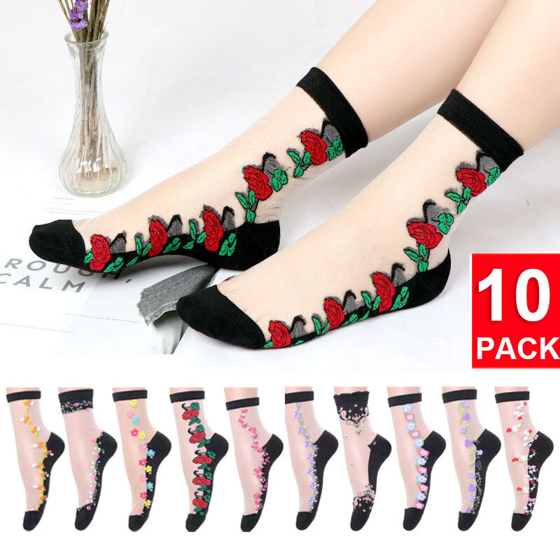 Ensemble de chaussettes courtes transparentes pour femmes, 10 paires, Sexy, motif Floral, Transparent, Ultra fin, drôle, été