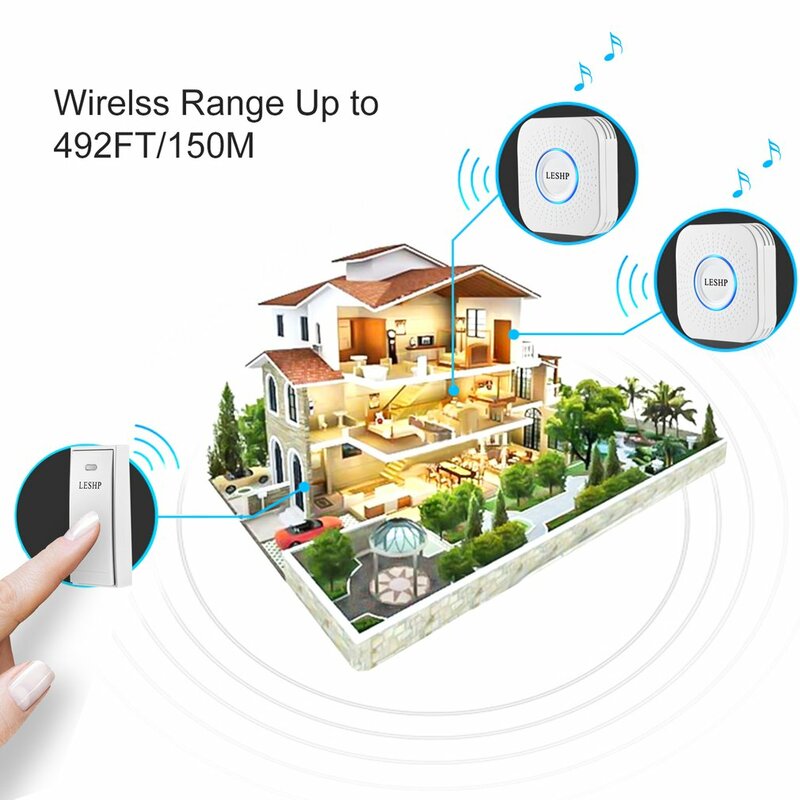 Leshp Music Wireless Doorbell 150M Long-Distance Remote Control Night Light 58 Pieces Chord Music With 2 US Plug