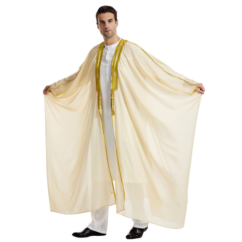 Muslimische Jubba Thobe Stickerei Langarm Chiffon Outwear Jubbas für Männer islamische Abaya Kimono lange Robe Saudi Caftan Dubai Arab