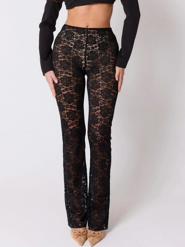 Celana panjang renda tembus pandang seksi untuk wanita celana panjang Floral bermotif pinggang tinggi hitam Streetwear elegan Musim Panas 2024