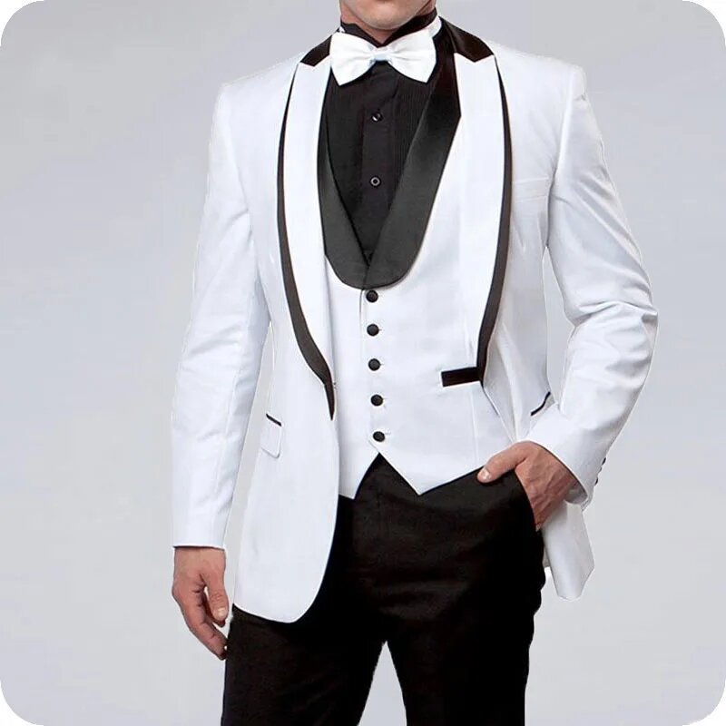 Witte Mannen Pakken Voor Trouwpakken Bruidegom Zwarte Revers Slim Fit Formele Prom Custom Blazer Smoking Best Man Terno Masculino 3 Stuks