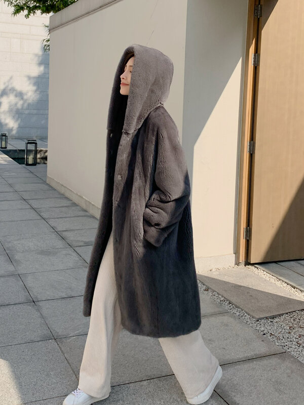 Manteau de fourrure de vison entier pour femme, veste en polaire, à capuche