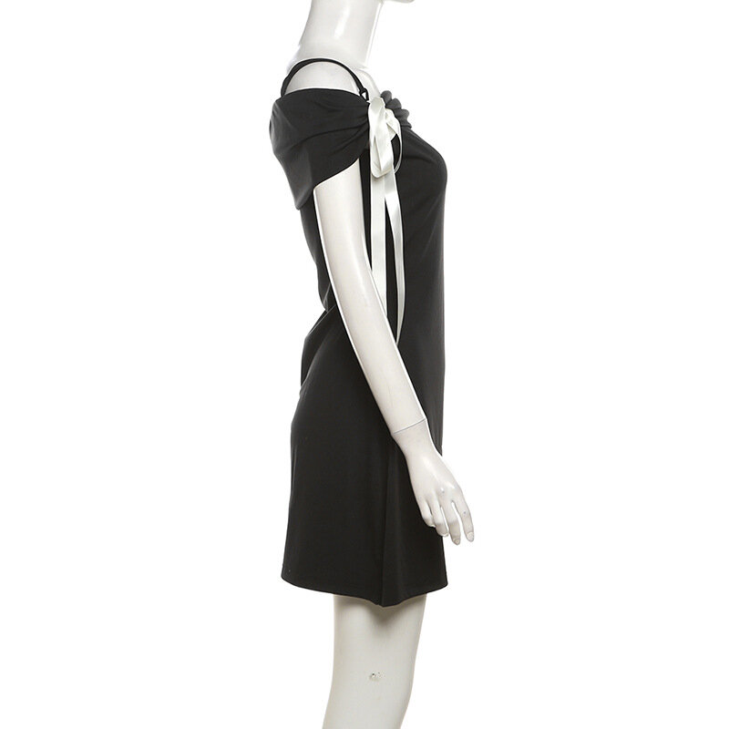 Gaun Prom wanita pita gaun pesta Mini pendek musim panas tanpa lengan bergaris gaun rok pakaian jalanan hitam putih stok tersedia
