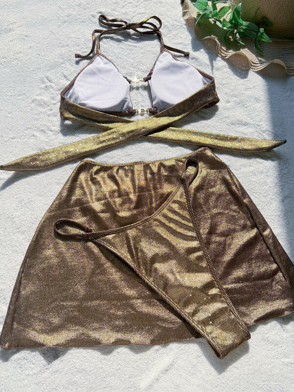 Frauen Metallic Gold Neck holder Bikinis setzt drei Teile mit geteilten Minirock hohlen Badeanzug Badeanzug Strand Outfits Biquini