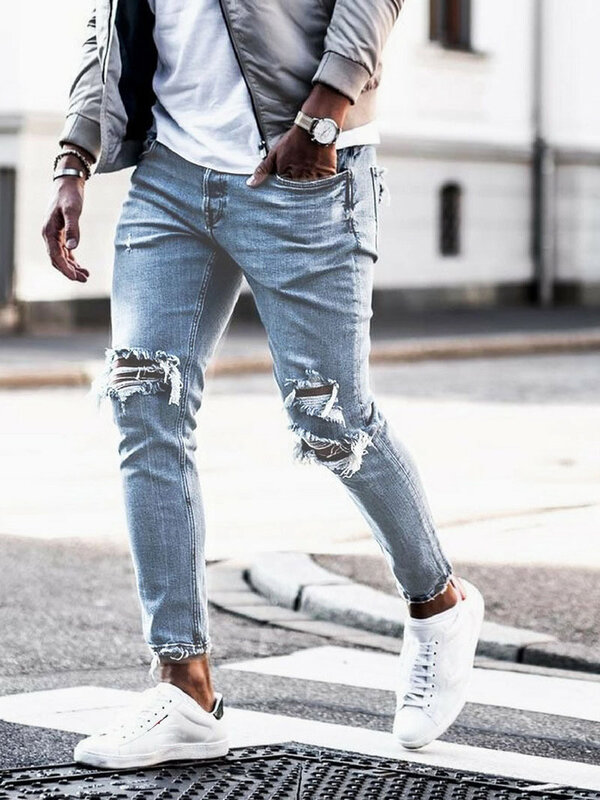 2024 New Male Hip Hop Jean pantaloni uomo tinta unita buco Skinny Jeans Vintage moda lavato strappato Slim Denim pantaloni per gli uomini