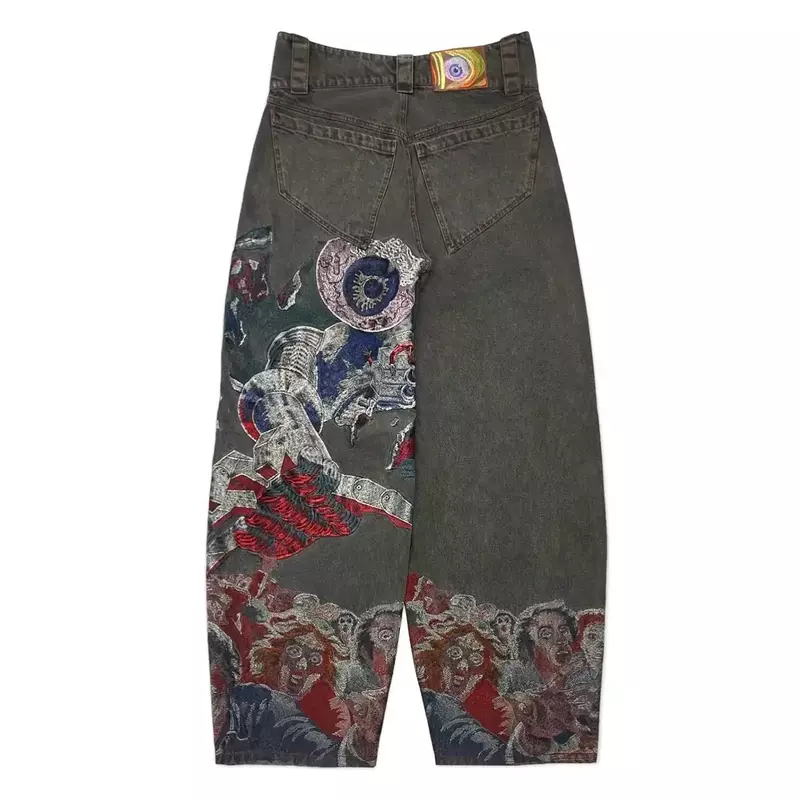 Джинсы-багги Y2k мужские с принтом, штаны с широкими штанинами в стиле ретро, хип-хоп, панк, с вышивкой, рваные готические