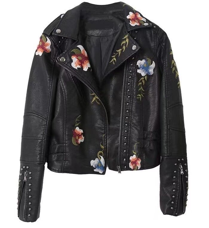 Spring and Autumn Embroidered Rivet Women's Pu Heavy Metal Leather Coat Women's Short Coat Jacket