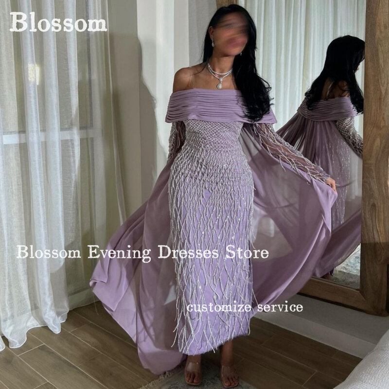 Gaun malam mewah Saudi 2024 gaun pesta Formal ungu muda gaun Prom lengan panjang rumbai berkilau lipit bahu terbuka baru