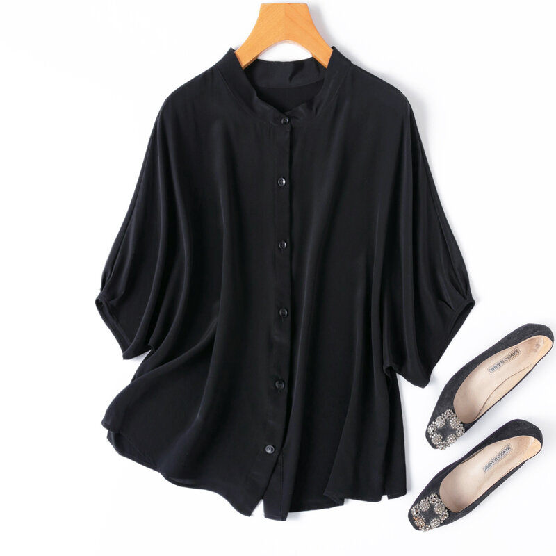 2024 Women's Summer New Classic Black 100% Natural Mulberry Silk Crepe De Chine Stand Collar Raglan Batwing Sleeves Casual Shirt