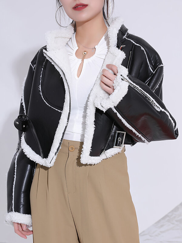 2023 New Autumn And Winter Turn-down Collar Full Sleeves PU Leather Flocking Waist Jacket Female Coat Tide Warm WT418