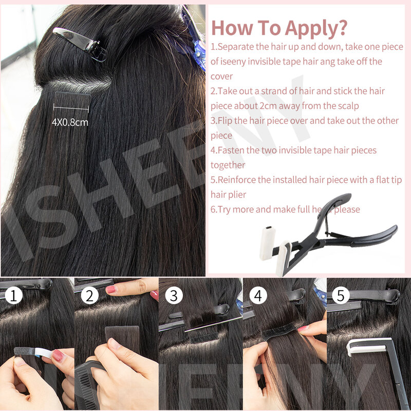 Isheeny 12" 16" 20" PU Skin Weft Tape Hair Extensions 10pcs Invisible Tape In Hair Extensions Straight Machine Remy Human Hair