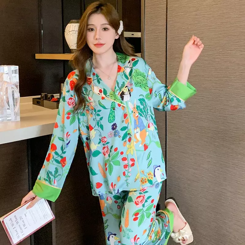 New Ice Silk Pajamas Loungewear Women High-end Sense Ins Style Lapel Spring and Summer Long Sleeve Fashion Comfortable Home Suit