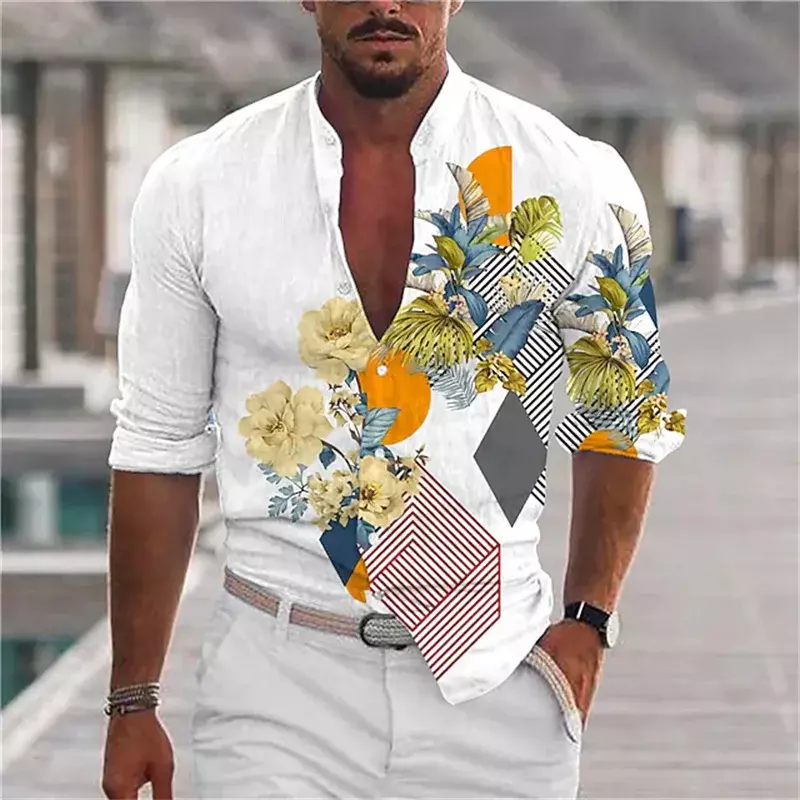 Модная мужская хлопковая рубашка с цветочным принтом и эластичным отворотом, Повседневная Праздничная уличная рубашка, синяя, фиолетовая, на пуговицах, новая коллекция 2023