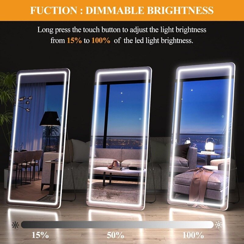LED iluminado Wall Mount Mirror, Standing Mirror, Escurecimento, 3 modos de cores, branco, Full Body Decor, 71x28 em