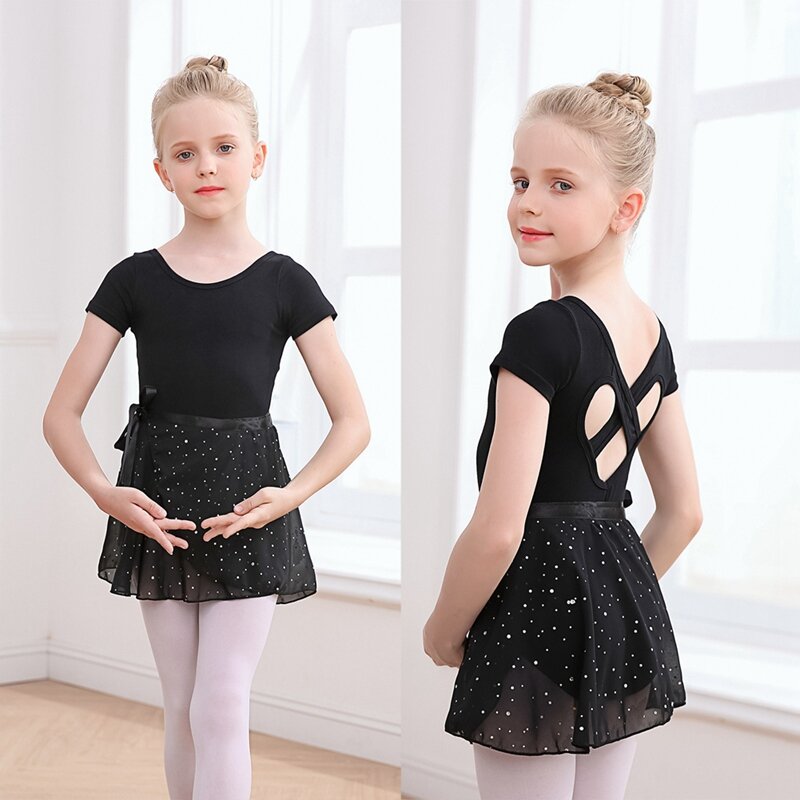 Collant de ginástica infantil, roupa dançante de manga curta com saia, vestido bailarina, roupa de dança para meninas