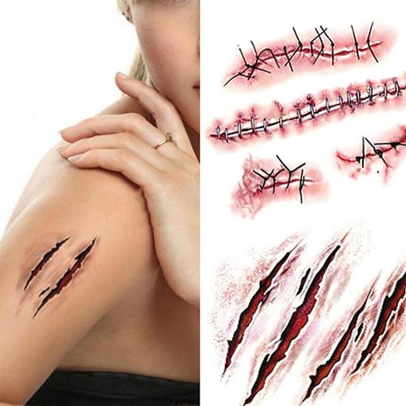 Pegatina de tatuaje temporal de Terror realista, 2 piezas, para Halloween, cicatriz falsa para lesiones de sangre