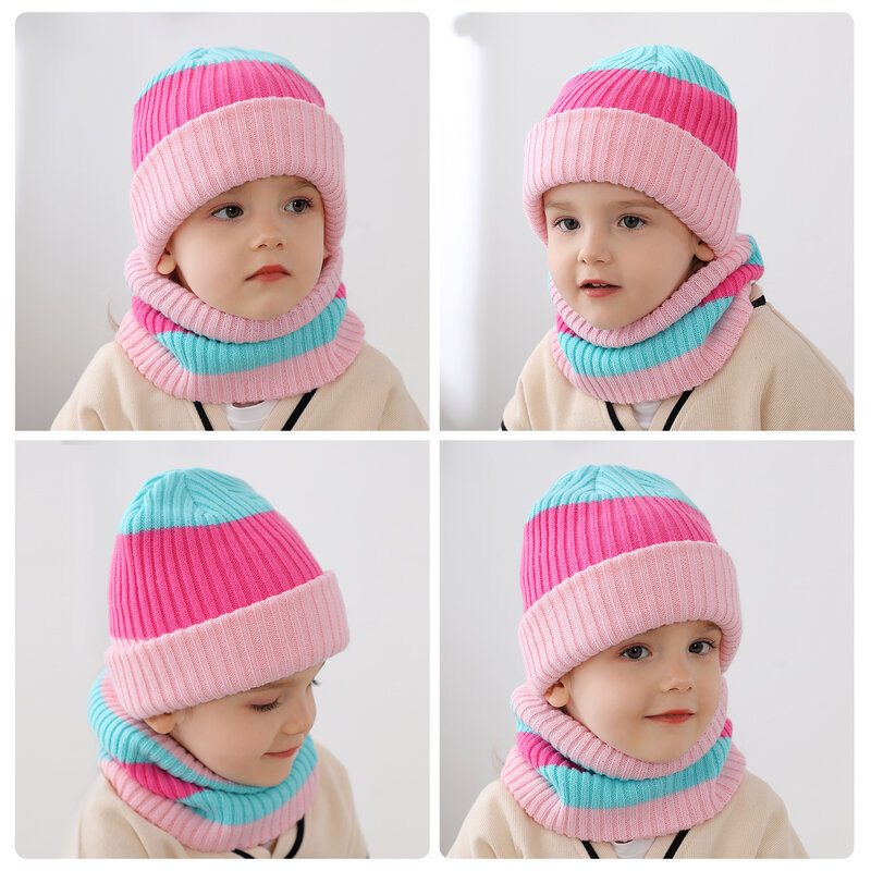 Winter Hat Scarf Set for Child 2022 Striped Beanies Hats for Girl Boy Solid Color Knit Thick Beanies Scarves Set for Girl Kids