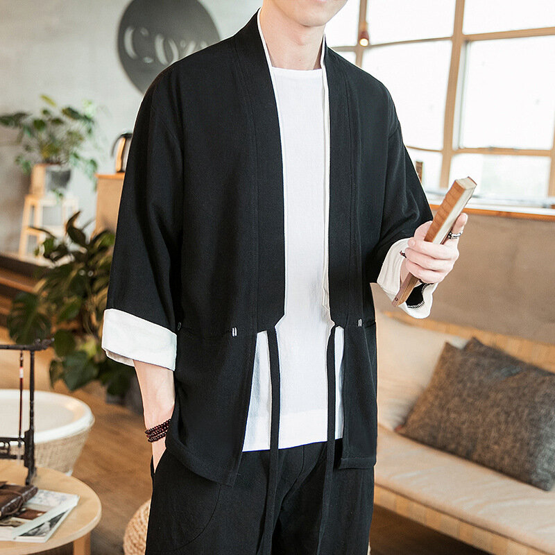Summer Men's Cotton Kimono Cardigan Outerwear Coats Fashion Streetwear Short Loose Male Jackets Casual Overcoat Clothing