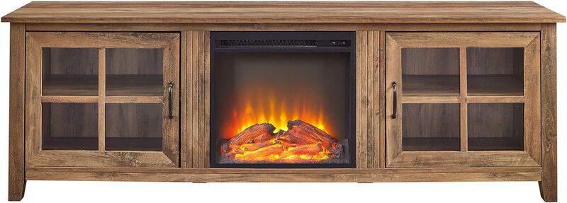 New Classic 2 Glass Door Fireplace TV Stand for TVs up to 80 Inches, 70 Inch, Rustic Oak  | USA | NEW