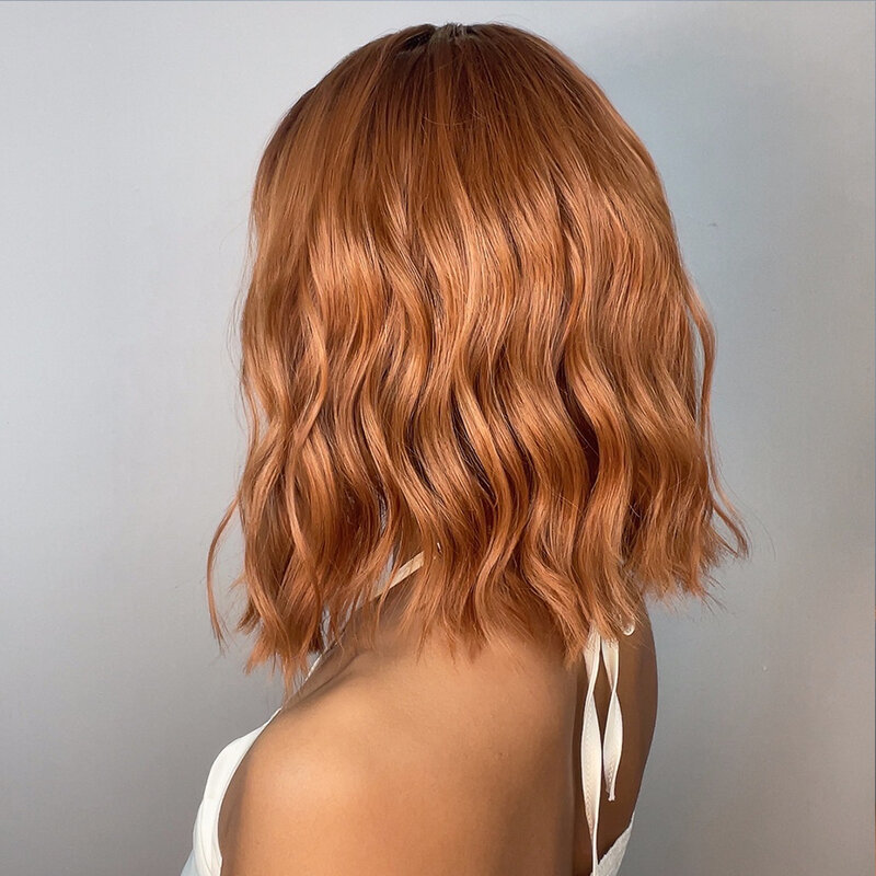 Copper Brown Synthetic Wigs with Bangs Short Bob Orange Ginger Water Wave Hair Wig for Women Cosplay Natural Hair Heat Resistant