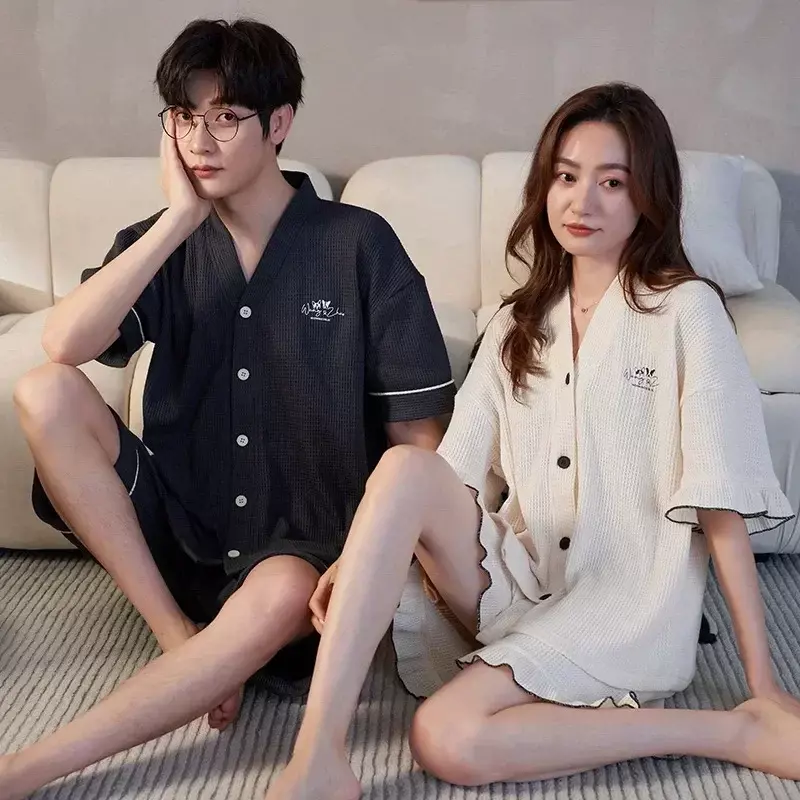 Casual Pyjama Wafel Koreaanse Paar 'S Nieuwe Zomer Katoen Voor Nachtkleding Mode Pijama Pyjama Shorts Zet Loungewear Jong