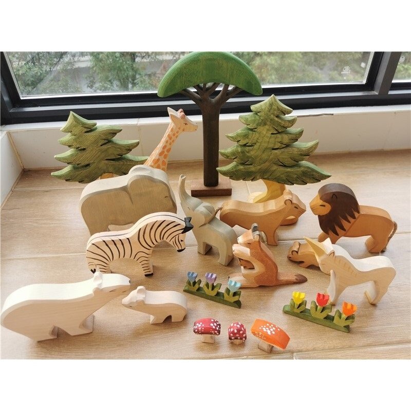 Animais de madeira coloridos empilhando blocos brinquedos, madeira artesanal, árvores da floresta, leão, tigre, elefante, girafa, urso, canguru para crianças