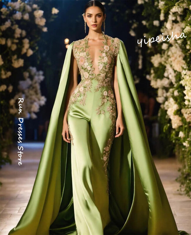 Prom Dress Evening Saudi Arabia Satin Applique Beading Ruched Beach A-line V-neck Bespoke Occasion Gown Long Dresses