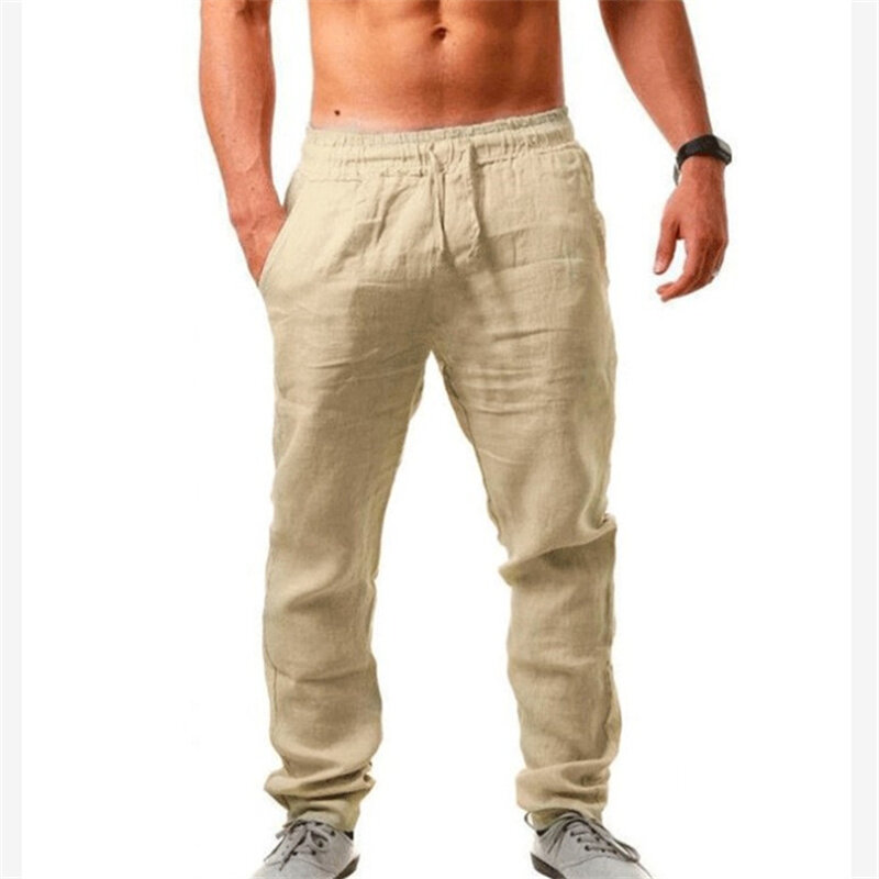 Calça masculina monocromática respirável de linho de algodão com elástico na cintura, calça casual masculina, streetwear hip-hop, verão
