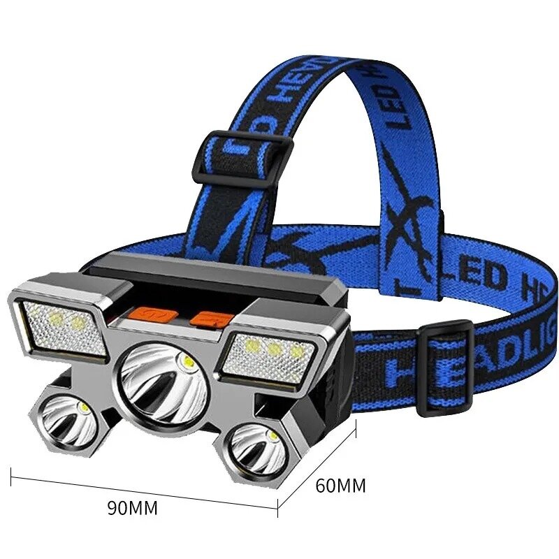 Alto brilho 5LED lanterna auricular ao ar livre, portátil USB recarregável, pesca mineiro lâmpada, farol forte, agregado familiar