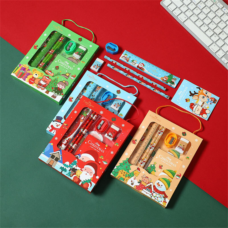 6 pz/set Set di cancelleria natalizia simpatico cartone animato matite gomma righello blocco note forniture scolastiche bambini studente regalo di cancelleria natalizia