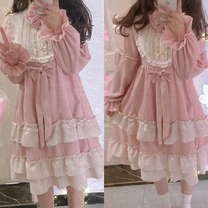 فستان نسائي بأكمام طويلة من لوليتا OP ، فساتين أميرة صغيرة للحفلات Harajuku ، مطبوع وردي ، قلب ، Kawaii ياباني ، Y2K