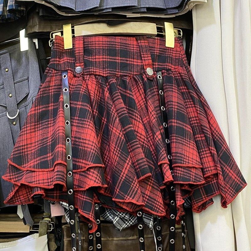 Women's Clothing Y2K Punk Style Irregular Plaid Skirt Spring Summer Fashion High-waist Spicy Girl A-line Pleated Mini Skirts