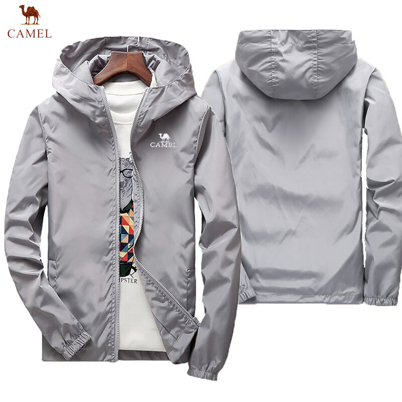 CAMEL embroidered men's casual loose windproof zippered hooded sun protection jacket, outdoor camping, oversized light color