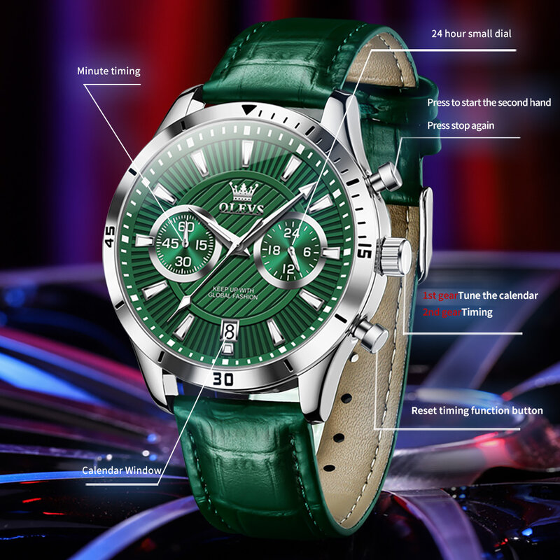 นาฬิกาควอตซ์แฟชั่นสำหรับผู้ชายแบรนด์ OLEVS สีเขียวนาฬิกากันน้ำหนังโครโนกราฟหรูหราปฏิทินเรืองแสงนาฬิกา relogio masculino