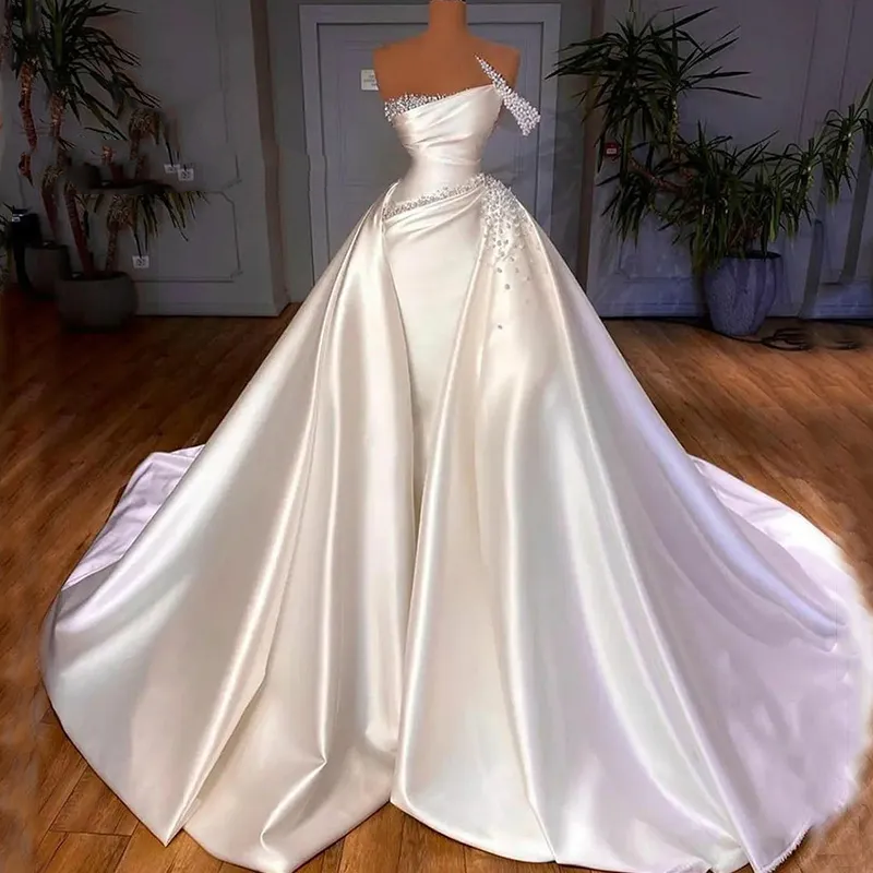 Vestido de novia blanco marfil de lujo con pecho, vestido de novia de sirena largo hasta el suelo, Perla de satén, cristal