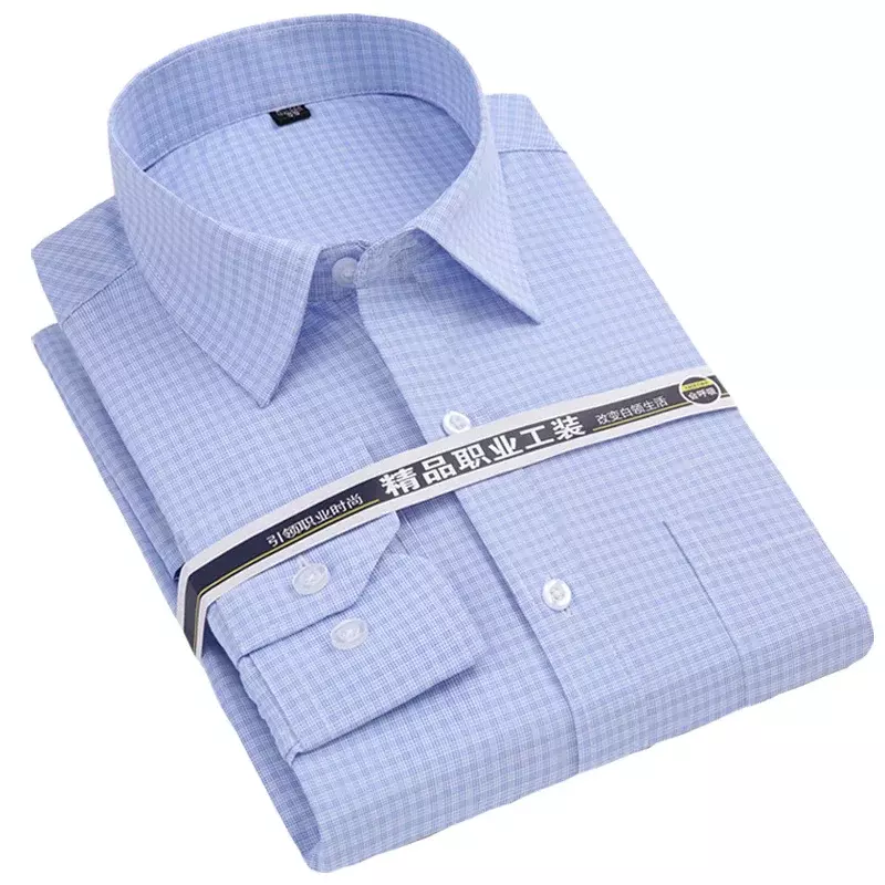 Light Blue Plaid Shirt For Men Long Sleeve Business Mens Dress Shirts 2020 New Regular Fit Checked Male Clothing  Chest Pocket