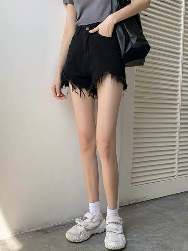 Celana Pendek Denim Pinggang Tinggi Celana Pendek Jeans Ripped Berlubang Rumbai Saku Musim Panas Wanita Celana Pendek Femme Wanita