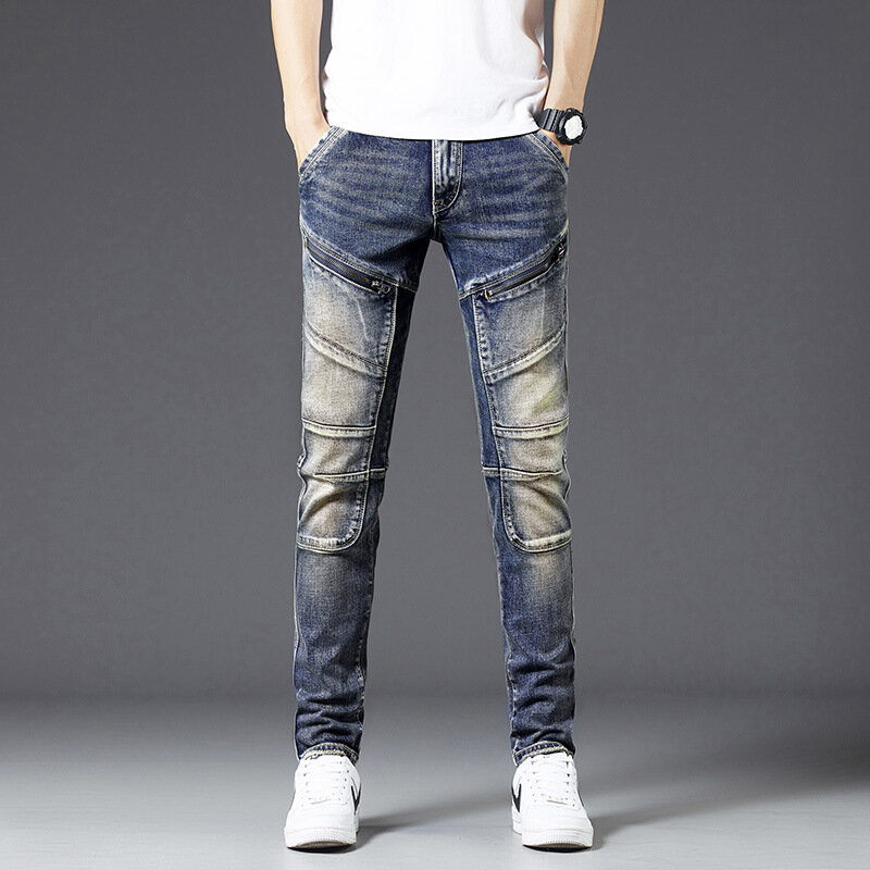 กางเกงยีนส์แนววินเทจของผู้ชายระดับไฮเอนด์กางเกงขายาวสำหรับมอเตอร์ไซค์แนวสตรีทแบบสลิมฟิตซิปมีสไตล์