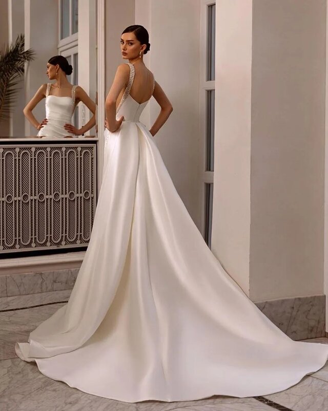 Suknie ślubne Boho z ramienia z cekinowym kwadratowym dekoltem suknie balowe gładka satyna formalnego wesele Vestido De Novia