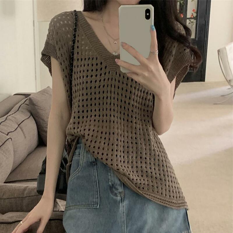 Summer Top Stylish Women's V-neck Knitting Tops with Short Sleeves Hollow Out Design Sunscreen Protection for Streetwear Fashion