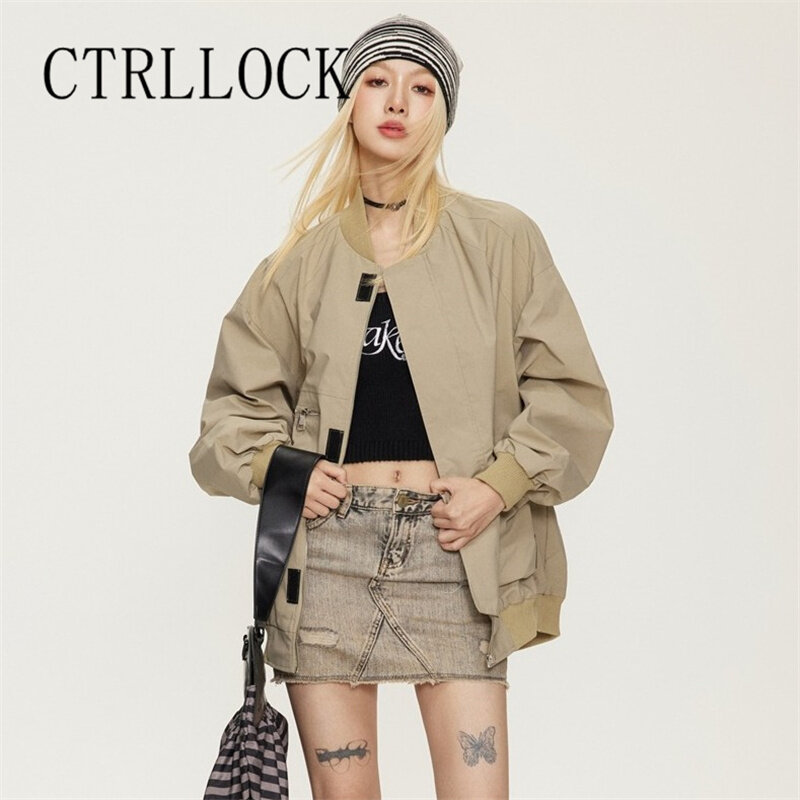 เสื้อแจ็กเก็ตบอมเบอร์ทรงหลวมซิปเสื้อแขนยาวของมีกระเป๋าสำหรับผู้หญิง ctrllock techwear streetwear ในฤดูใบไม้ร่วง