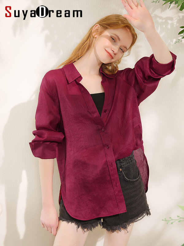 SuyaDream-camisas naturales para mujer, blusas elegantes holgadas de ramio con botonadura única, Top acogedor de primavera y verano, rosa y azul, 100%