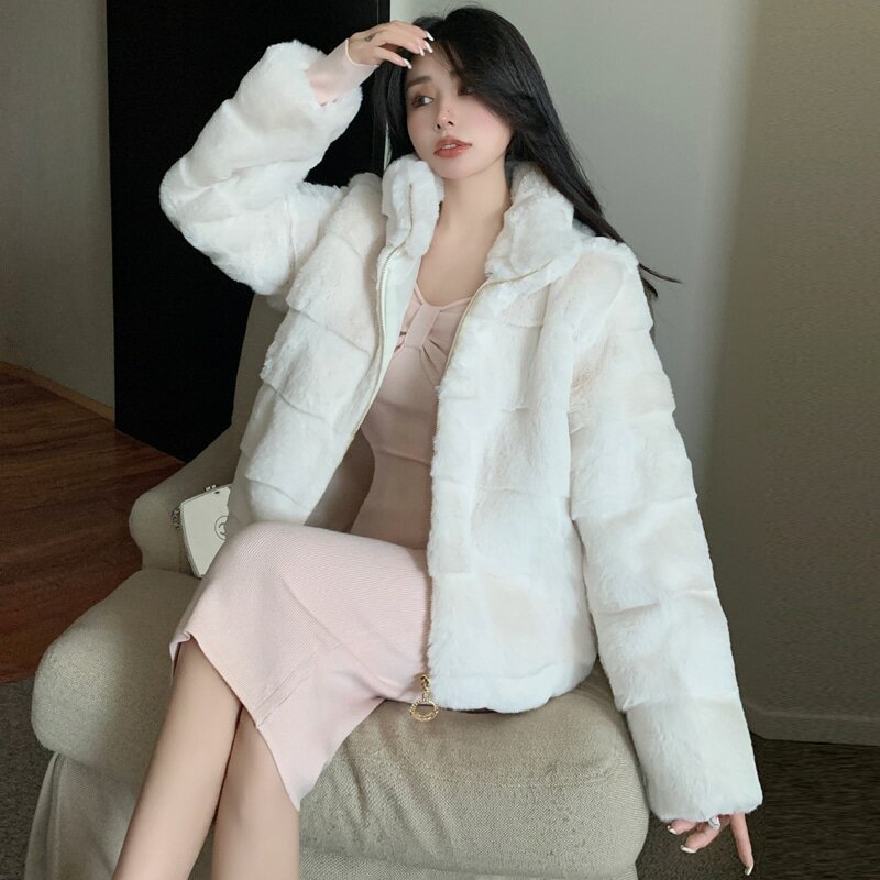 女性用フェイクミンクファーコート,ジッパー付き,長袖,ライト,暖かく,韓国のファッション,冬
