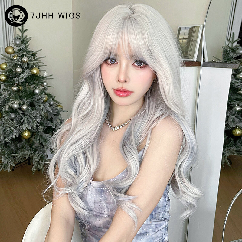 Rambut palsu Lolita 7JHH Wig sintetis tubuh bergelombang Wig abu keperakan dengan poni halus Wig putih berlapis kepadatan tinggi untuk kostum Wig anak perempuan