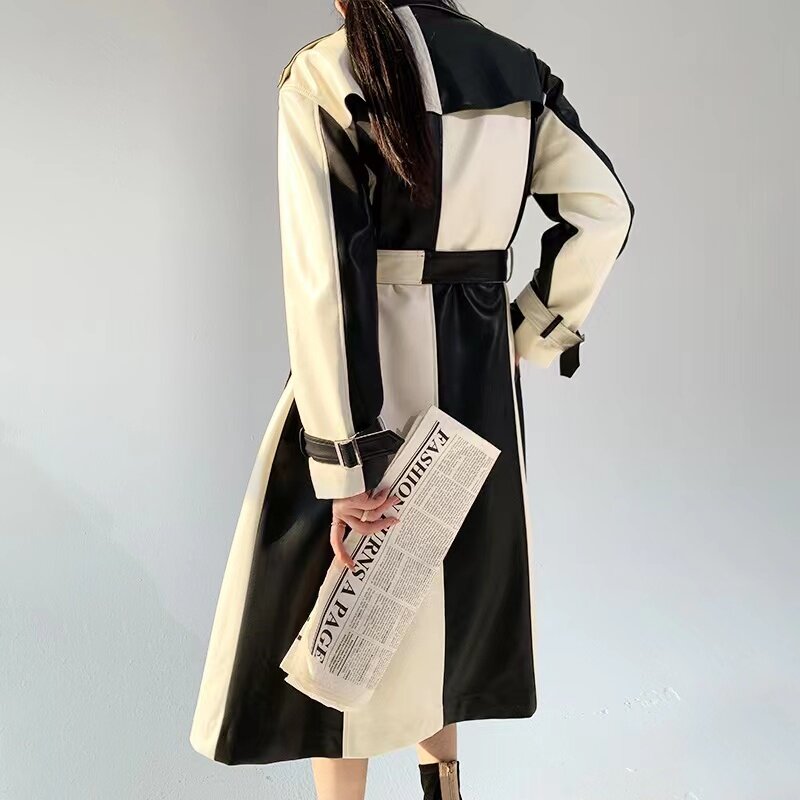 Gabardina de cuero para mujer, abrigo largo empalmado en blanco y negro, ropa de calle con cinturón y solapa grande, invierno, 2024