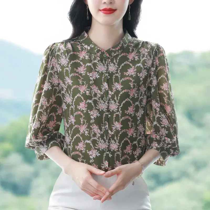 Chiffon Vintage Women's Shirt Summer Prints Blouses Loose Fit O-neck Short Sleeve Women Tops Fashion Clothing 2024 Korean